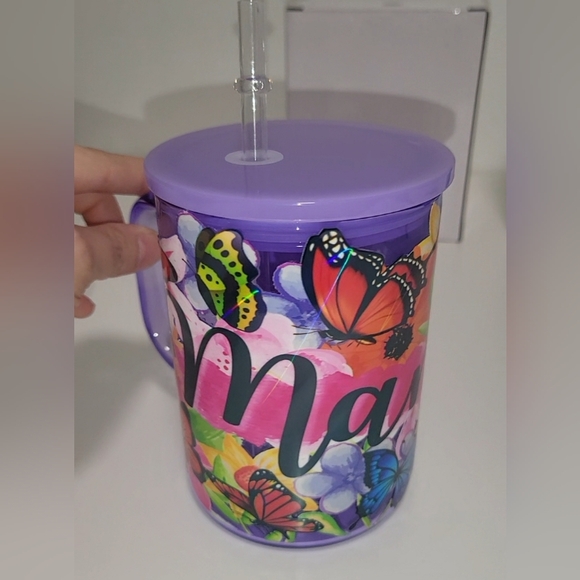Jelly Glass Mug 17oz Beautiful Mama Butterflies with plastic straw NIB - Picture 1 of 9